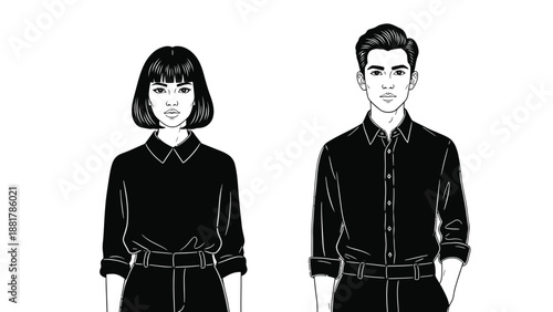 Stylized Black and White Duo of a Man and Woman in Matching Attire