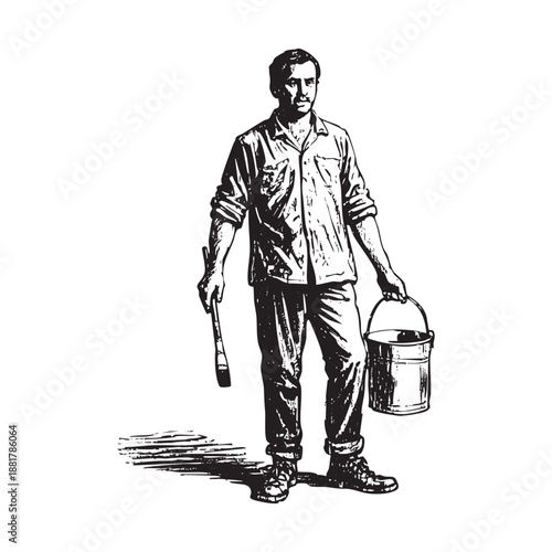man holding brush and paint can in Black and White Detailed Illustration