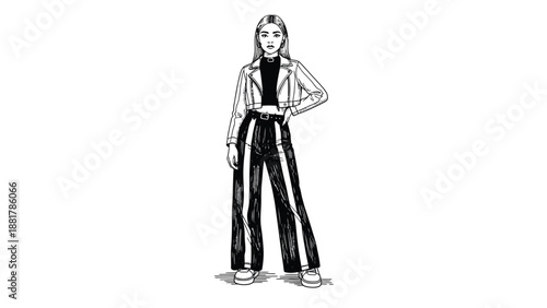 Fashionable person in striking striped pants and cropped jacket illustrated with bold linework