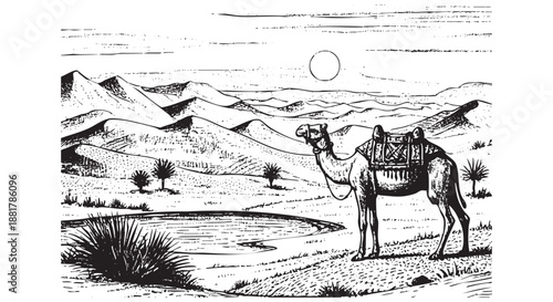 Intricate engraved illustration of Camel on desert Hand drawn vintage vector. Black and white.