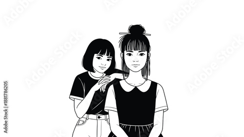 Two young friends in monochrome illustration, showcasing youthful friendship and connection