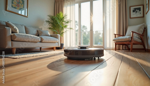 Robot vacuum cleaner cleaning living room floor smart home