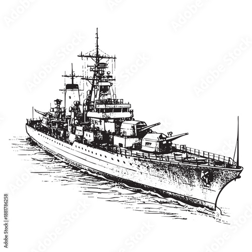 Illustration of battleship in Engraved Vintage Style