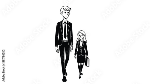 Diverse professional attire silhouette of a man and a woman walking with determination