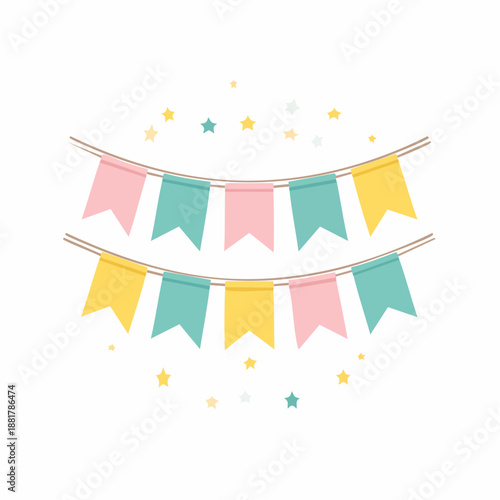 Cute pastel bunting flags garland banner decoration with floating stars. Festive party or celebration background element. Vector illustration.