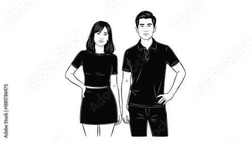 Minimalist black and white illustration of a poised couple standing together confidently