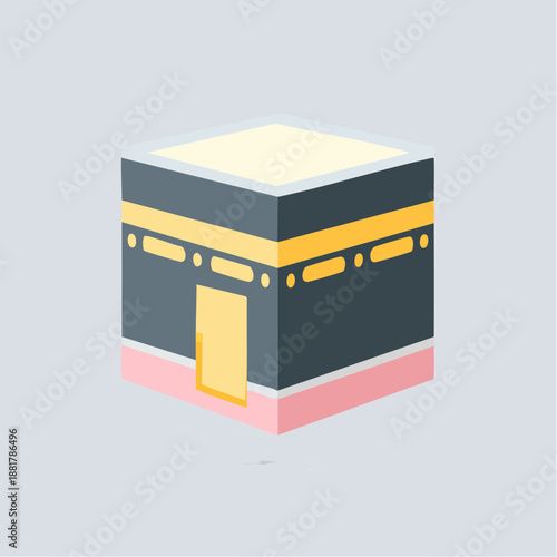Kaaba Isometric Flat Design Icon. Holy site of Islam in Mecca, Saudi Arabia. Vector illustration depicting the Qibla or House of God for Hajj and Umrah pilgrimage.