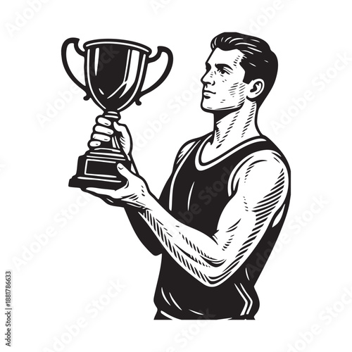 Intricate engraved illustration of	athlete holding Antique cup trophy detailed line art and texture. 