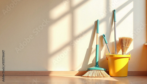 Cleaning tools set with mop bucket and vacuum accessories on wall