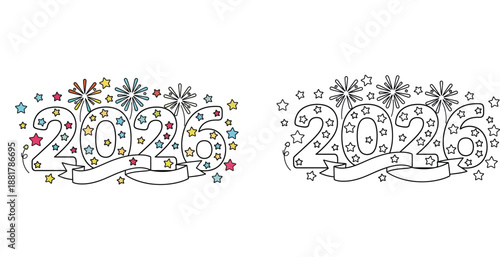 Happy New Year 2026 Illustration with Fireworks and Stars, Colored and Black and White Line Art for Coloring Book Page, Vector Design for Celebration and Greeting Card Decoration