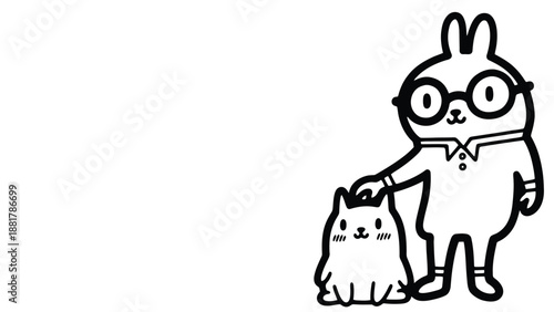 Adorable cartoon bunny wearing glasses gently petting a small cute cat illustration