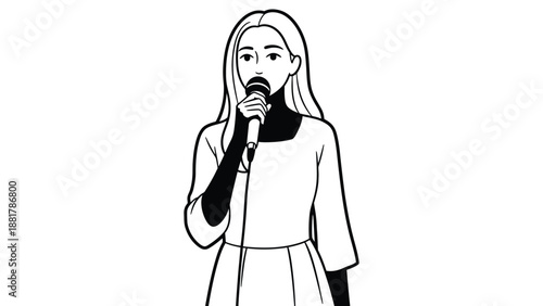 An illustrated young woman holding a microphone and singing with confidence and joy