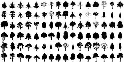 Collection of diverse tree silhouettes in a densely packed arrangement