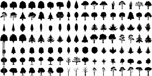 A collection of various silhouetted trees and floral plant designs