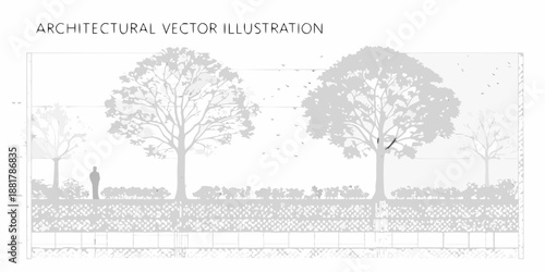 Architectural rendering of trees landscaping and a figure in a park setting