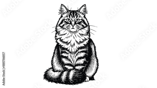 Intricate Line Art Illustration of a Majestic Fluffy Tabby Cat Sitting Gracefully and Looking