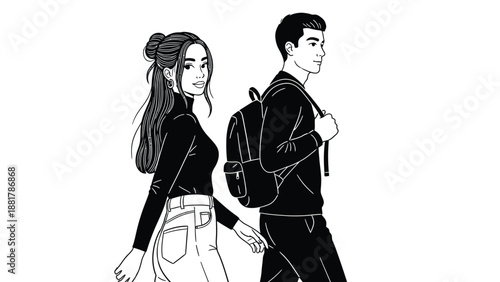Young couple walking together side by side wearing trendy casual attire with a backpack