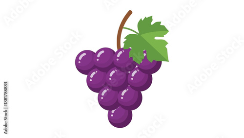 Small cluster of dark purple grapes with a single green leaf, isolated on white. Delicious, healthy fruit icon for food and drink designs.