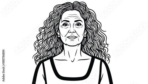 Stylized Line Art Portrait of an Elegant Mature Woman with Wavy Hair and Expressive Features
