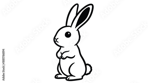 Minimalist line art illustration of a charming rabbit standing alert on a pure white background