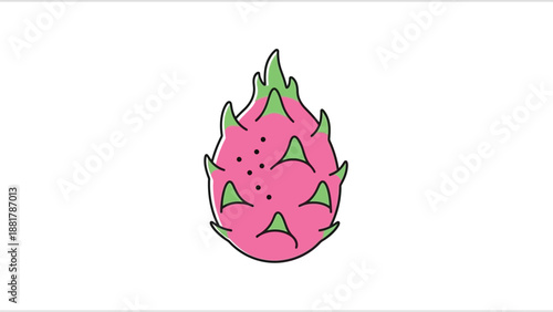 Vibrant pink dragon fruit illustration with green spiky skin and pink seeds. Exotic, healthy, and refreshing tropical fruit for design.