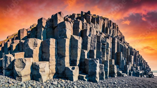 Geometric rock formations at sunset