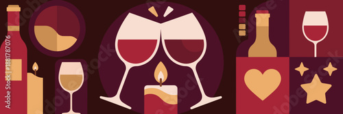 Elegant wine glasses clinking with icon set – Great for bar menus.