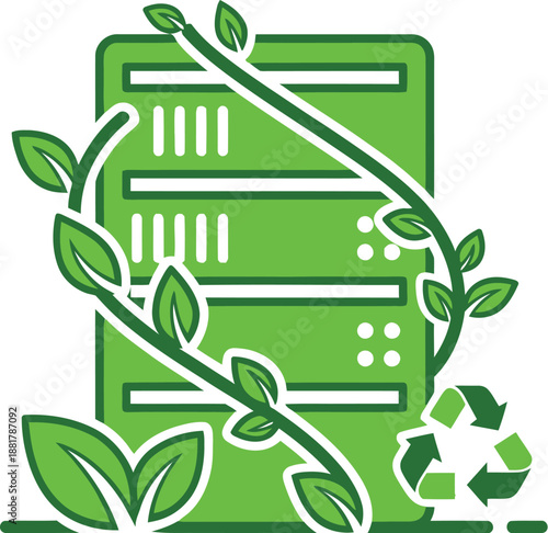 Eco-friendly concept illustration: a green server rack entwined with leaves and a recycling symbol. Represents green computing and sustainable data centers.