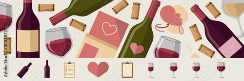Valentine's Day wine tasting elements with icons