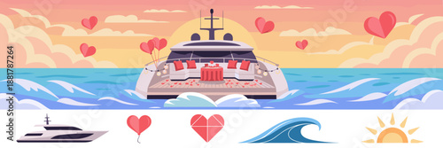 Luxury yacht celebration with heart balloons and sunset