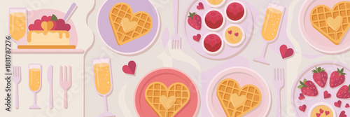 Romantic brunch illustration with heart fruit and drink icons