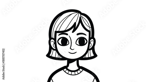 Charming Whimsical Black and White Cartoon Portrait of a Young Girl with Large Expressive Eyes