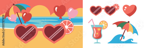Tropical Valentine party illustration with umbrellas and sunglasses