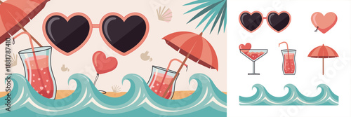 Romantic seaside celebration with cocktails and beach icons