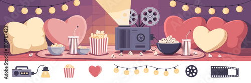 Cozy home cinema date with popcorn and string light icons