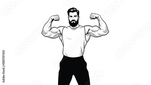 Illustration of a muscled man with a beard flexing his biceps against a white background