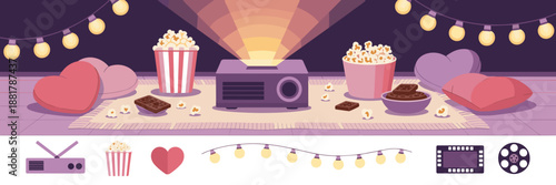 Romantic movie night setup with projector and heart pillow icons