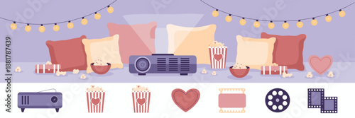 Minimalist romantic movie night vector with film reel icons