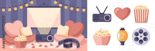 Cozy romantic movie night flat vector with projector and popcorn