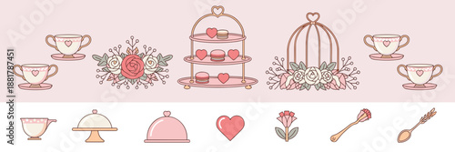 Valentine tea party elements flat vector with teacups and trays