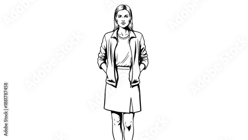 Stylized line drawing of a confident woman in a jacket and skirt with hands in pockets
