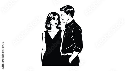 Stylish Couple in Black and White Standing Together Close Looking Towards Each Other