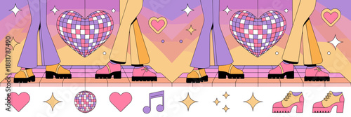 Retro Valentine disco party vector with mirror ball hearts and neon