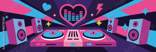 Stylized Valentine DJ party with speakers and neon icon sheet