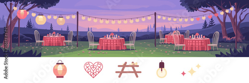Twilight outdoor Valentine picnic with string lights and icon set