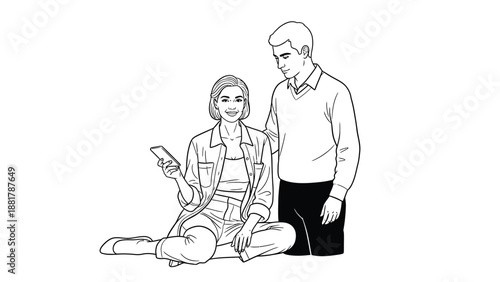 Couple shares digital moment using smartphone in artistic line drawing style