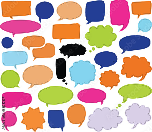 Funky y2k speech bubble scrapbook collection. Torn paper bubble shapes for dialogue, message and text. Comic colorful scrapbook collage speech bubbles. Hand drawn vector sketch balloons