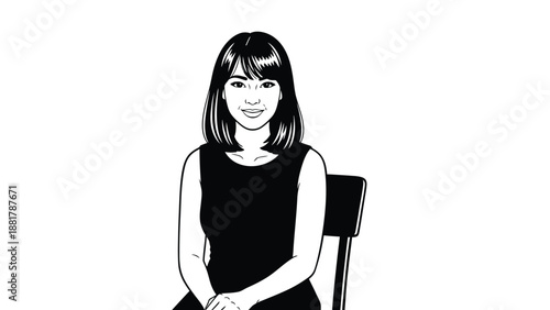Minimalist black and white illustration of a smiling young woman sitting on a chair with a neutral
