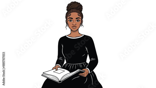 Elegant illustration of a woman with a bun hairstyle reading a book on a white background