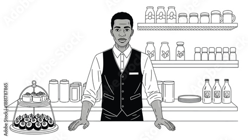A Friendly Barista Stands Ready to Serve Delicacies Behind the Counter in a Charming Cafe Setting